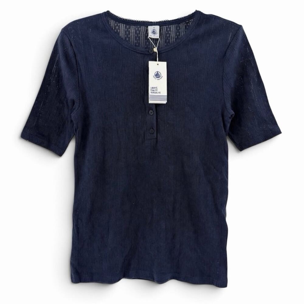 Petit Bateau NWT Navy Pointelle Henley Tee Shirt MC Button Front M